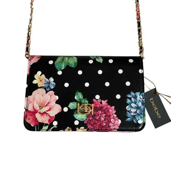 bebe women's kimberly floral black small crossbody bag clutch gold hardware - Picture 1 of 11